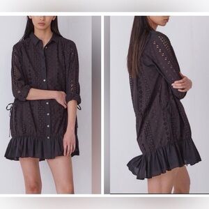 THAKOON Black Eyelet Lace Ruffle Hem Button Down Silk Cotton Mini Shirt Dress 0